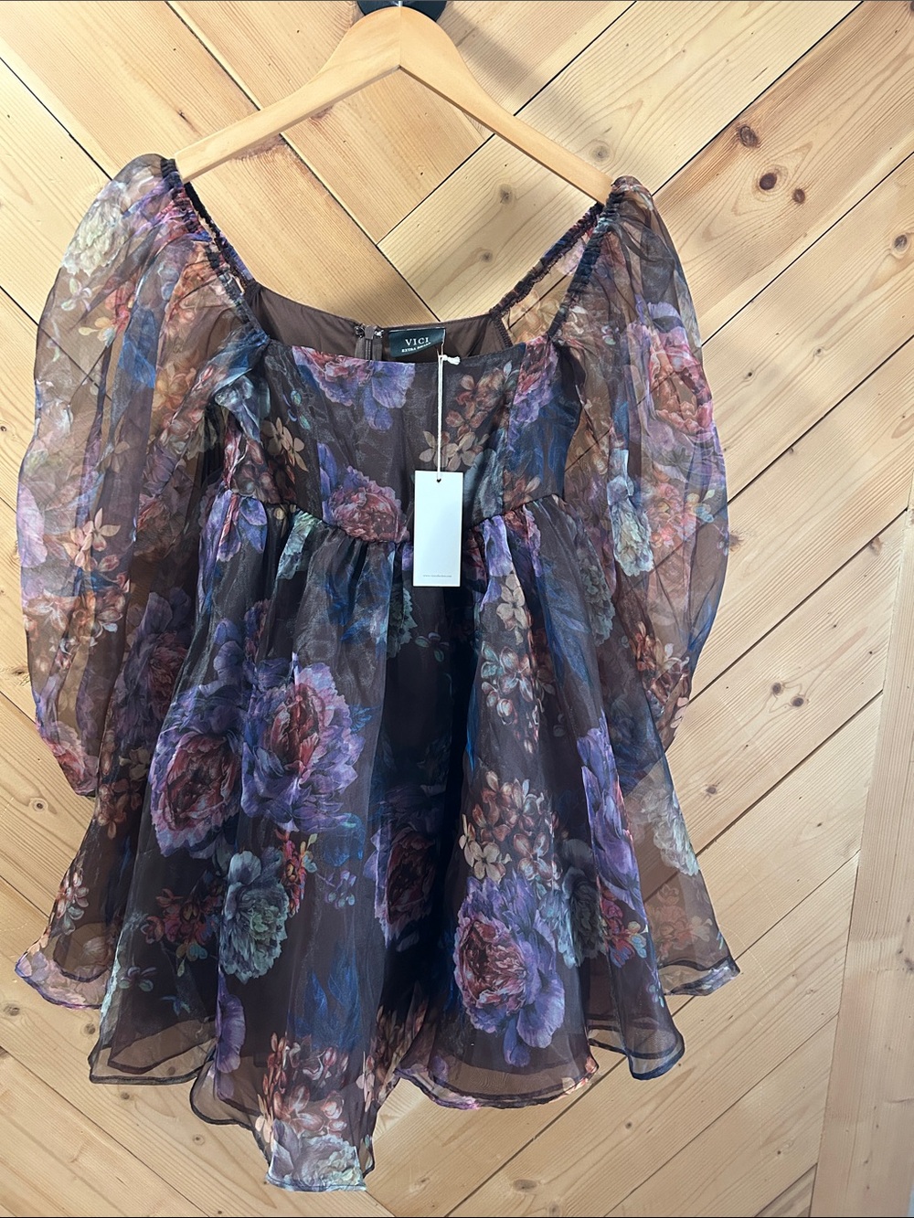 Vici Brown Floral Puff-Sleeve Mini Dress with Purple and Blue Blooms
